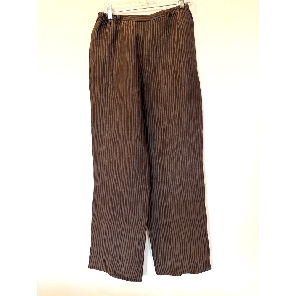 Vtg 90's Caroline Rose Linen Silk Straight Leg Elastic Waist Pant M Brown Stripe